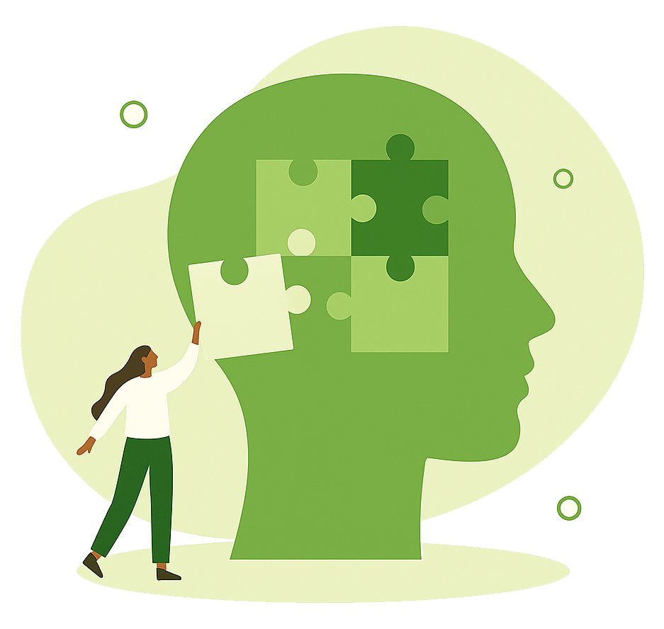 green-ribbon-psykisk-halsa2 Illustration av ett huvud med gröna pusselbitar i hjärnan, där en person placerar den sista biten – symboliserar förståelse, mental hälsa och återhämtning.