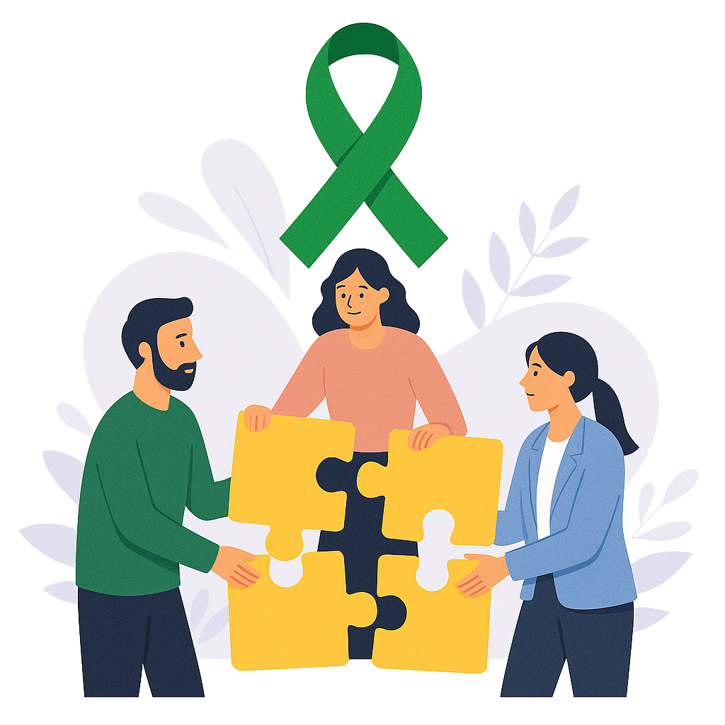 partner Illustration med tre personer som håller upp fyra stora pusselbitar tillsammans. En man och två kvinnor samarbetar för att passa bitarna. Ovanför dem syns ett grönt medvetenhetsband. Bakgrunden är svagt grön med ljusa bladformer som dekoration.